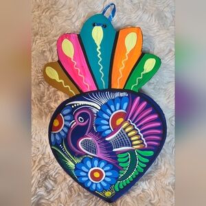 Handpainted Heart Mexican Folklore Art Blue Bird New